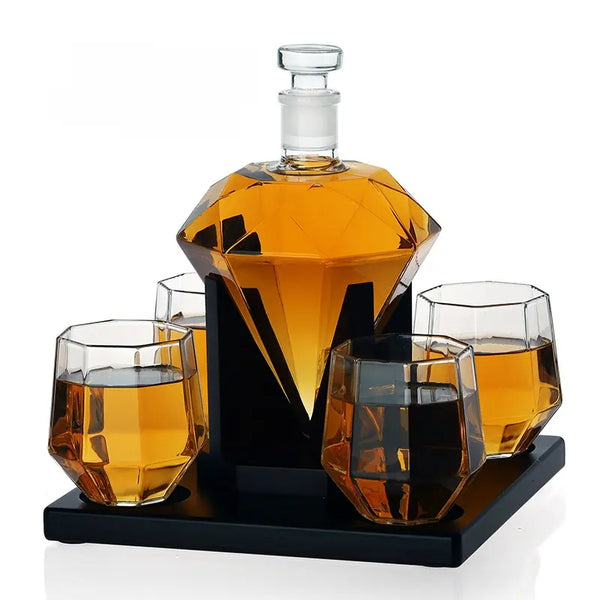 Diamond Decanter Set — High Borosilicate Glass with Wooden Frame