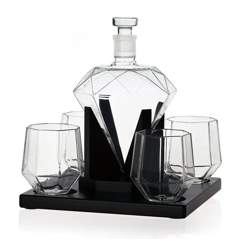 Diamond Decanter Set — High Borosilicate Glass with Wooden Frame
