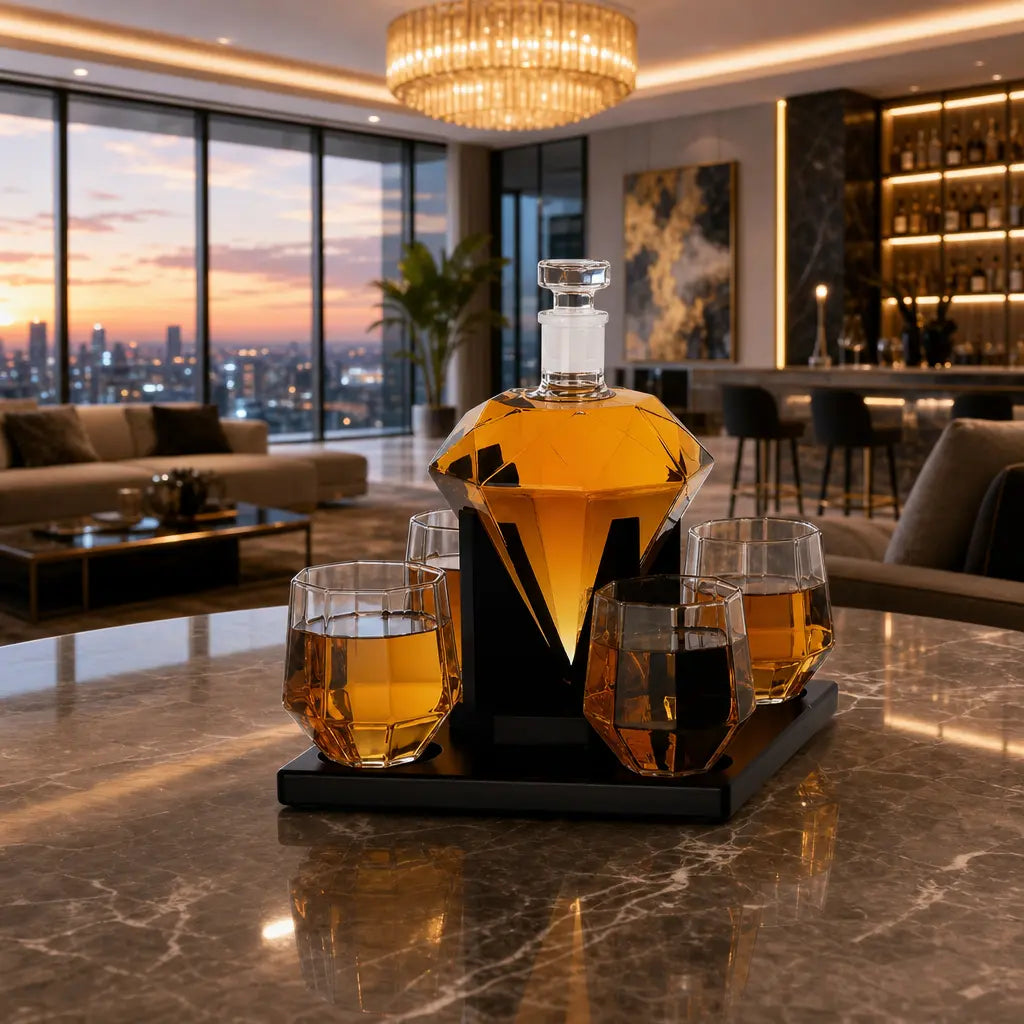 Diamond Decanter Set — High Borosilicate Glass with Wooden Frame